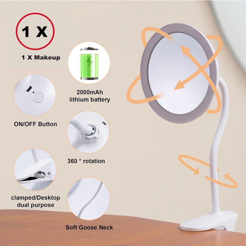 6.5" Clip On Gooseneck Makeup Vanity Mirror With Light, 2000mAh USB Lighted Trav - Picture 4 of 7